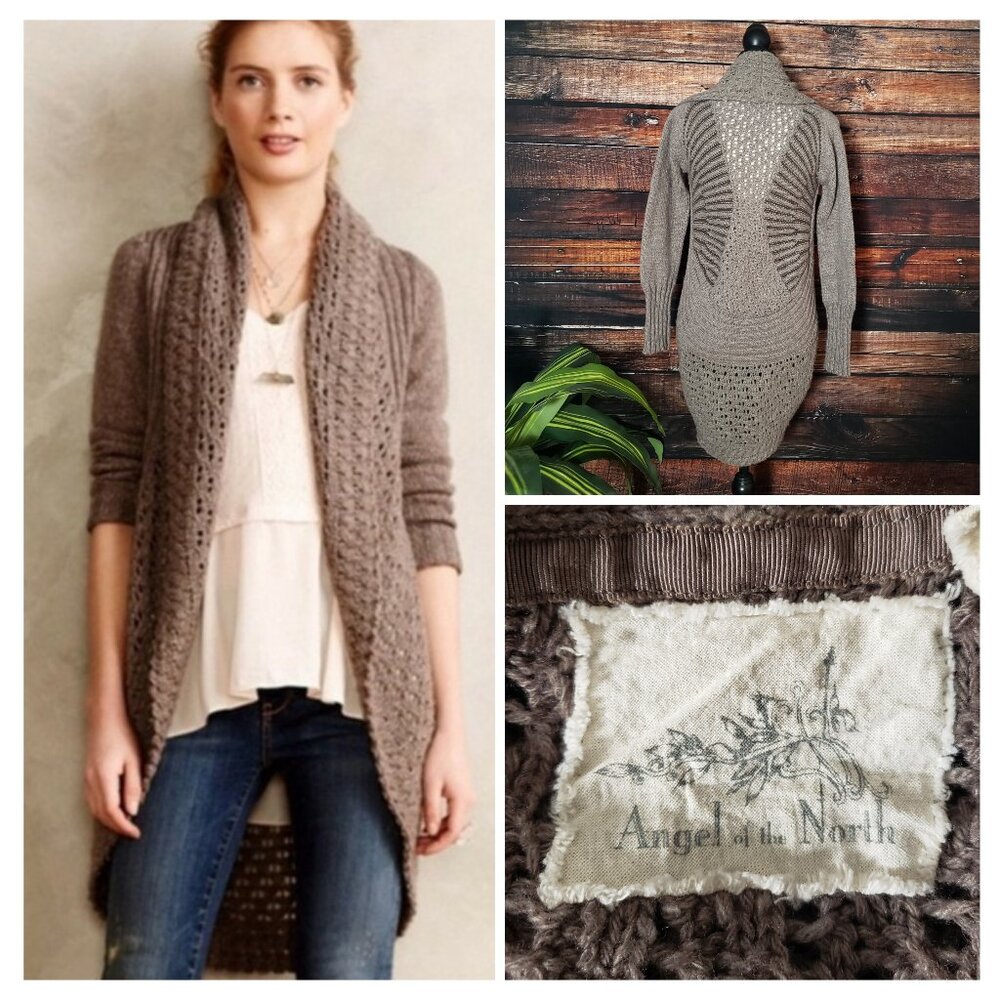 Angel of the North Anthropologie Cardigan Sweater XS Shawl Collar Taupe Crochet